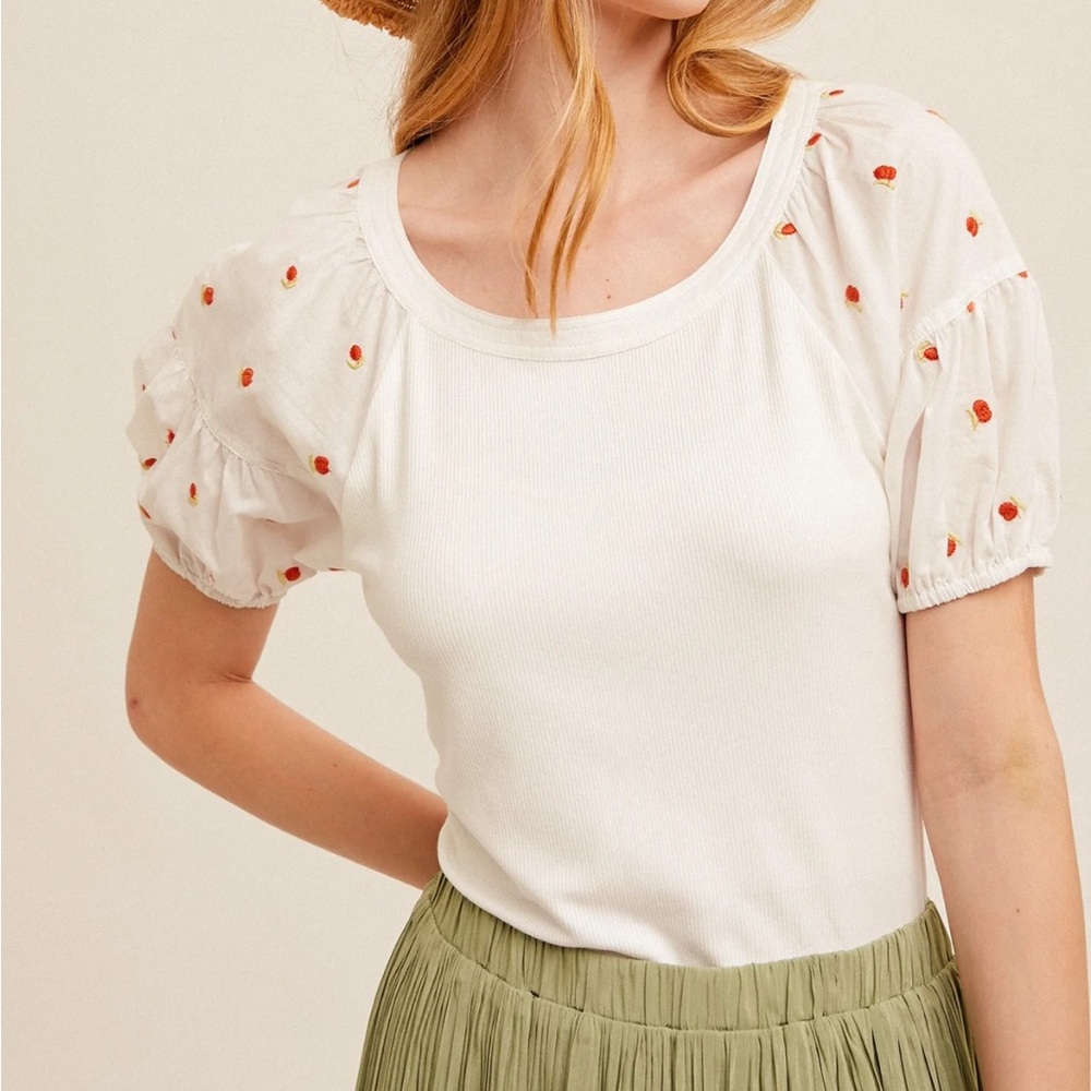 White Puff Sleeve Top with Red Dots